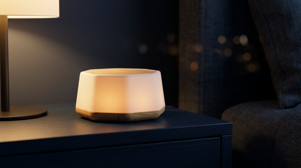 LectroFan Classic white noise machine on a bedside table in a dark bedroom